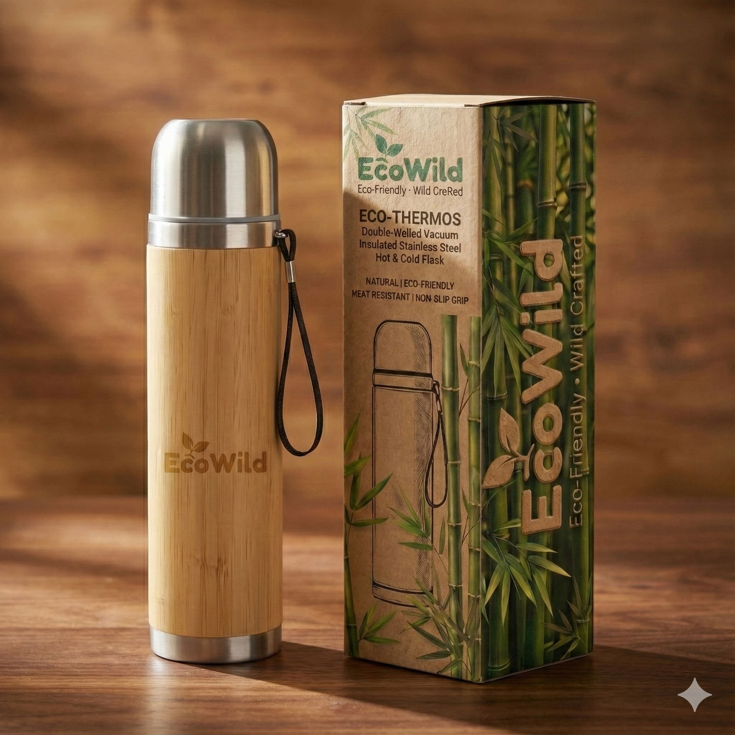 EcoWild Eco-Thermos Bamboo Eco-friendly Double Inner-Walled Vacuum Insulated Stainless Steel Hot & Cold Flask