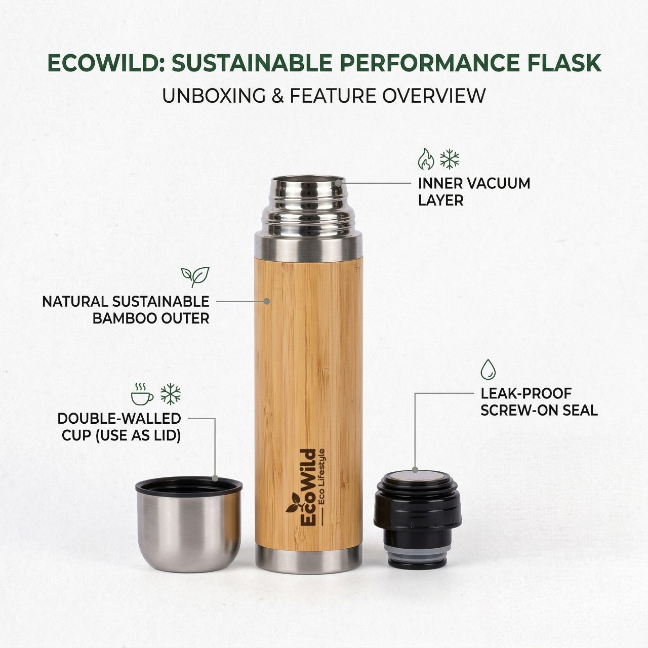 EcoWild Eco-Thermos Bamboo Eco-friendly Double Inner-Walled Vacuum Insulated Stainless Steel Hot & Cold Flask