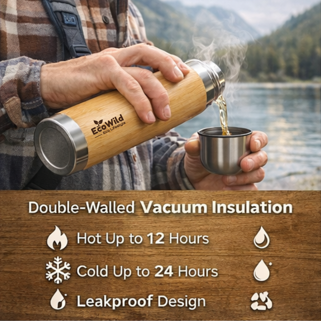 EcoWild Eco-Thermos Bamboo Eco-friendly Double Inner-Walled Vacuum Insulated Stainless Steel Hot & Cold Flask