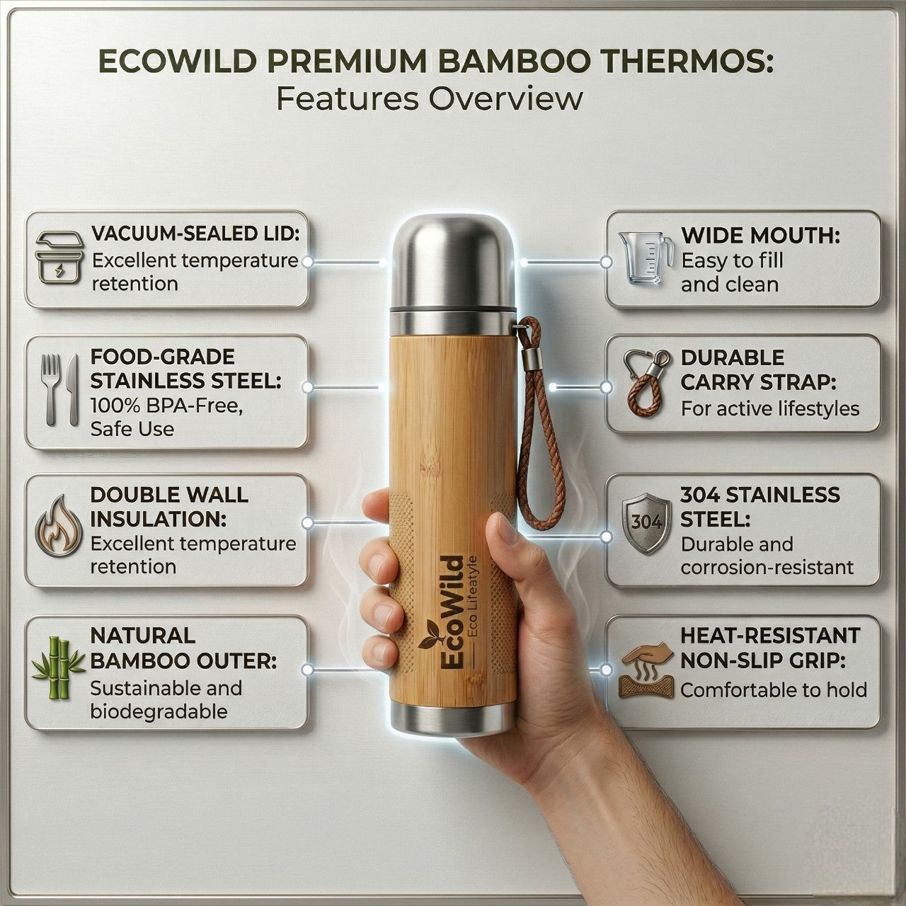 EcoWild Eco-Thermos Bamboo Eco-friendly Double Inner-Walled Vacuum Insulated Stainless Steel Hot & Cold Flask