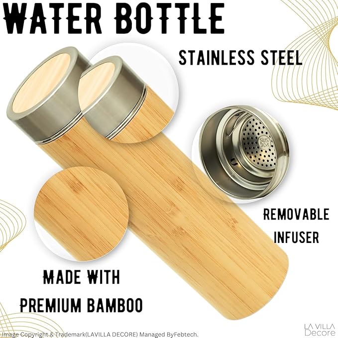 EcoWild Eco-Bottle Bamboo Eco-friendly Double Inner-Walled Vacuum Insulated Stainless Steel Hot & Cold Water Bottle