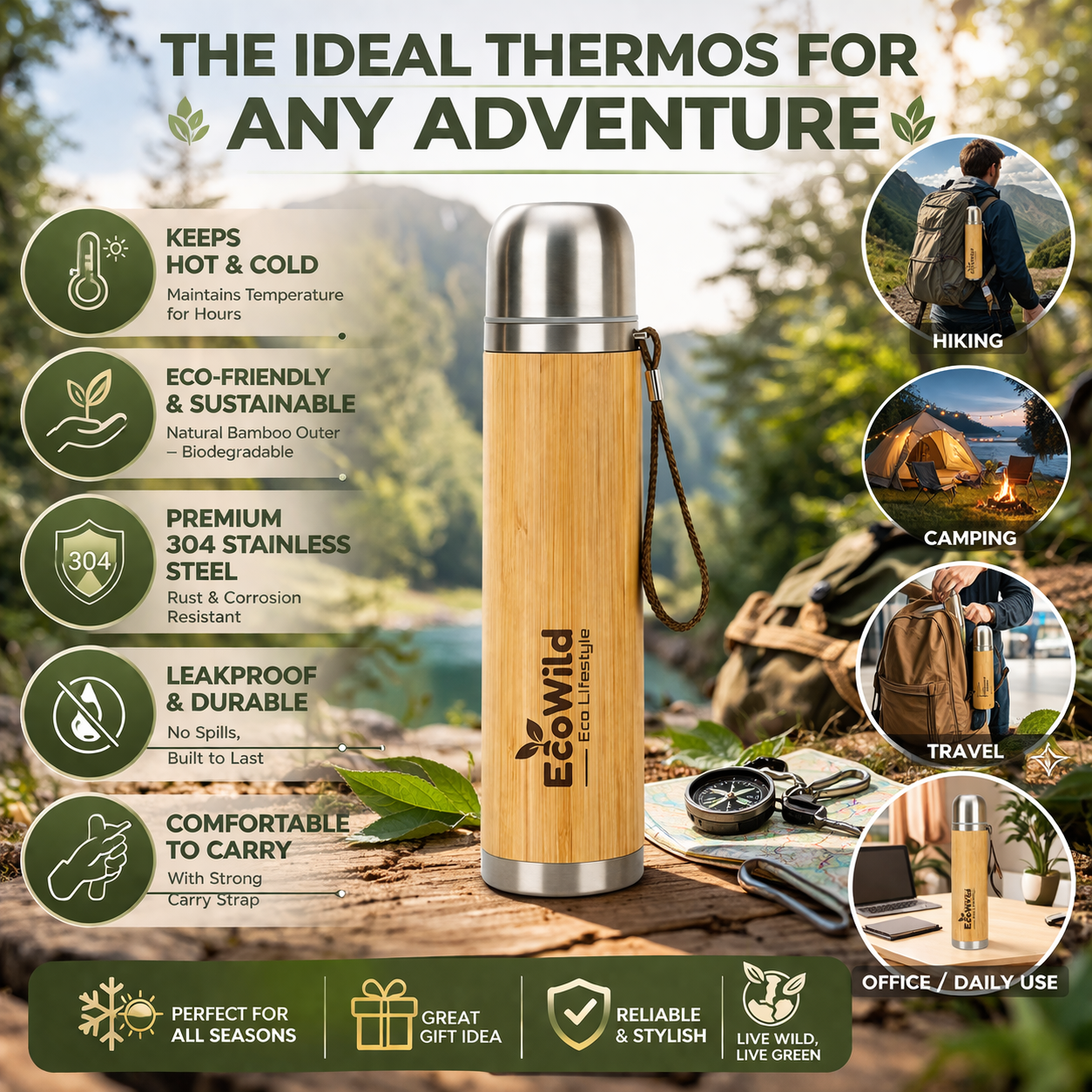 EcoWild Eco-Thermos Bamboo Eco-friendly Double Inner-Walled Vacuum Insulated Stainless Steel Hot & Cold Flask