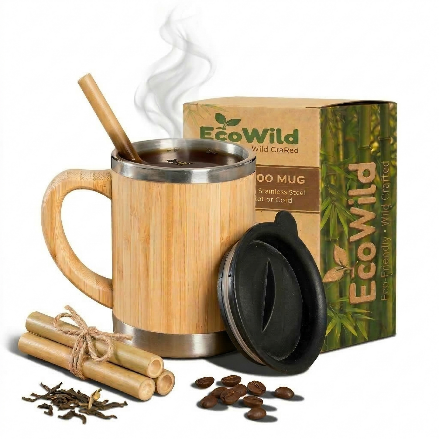 EcoWild Eco-Mug Bamboo Eco-friendly Double Inner-Walled Vacuum Insulated Stainless Steel Hot & Cold Coffee Mug
